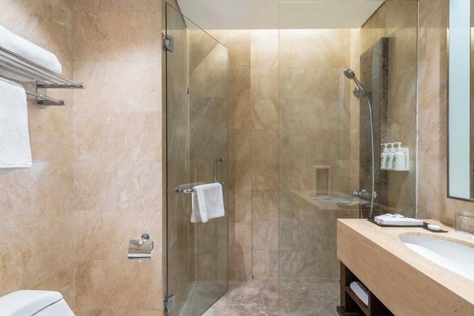 Shower, free toiletries, slippers, bidet