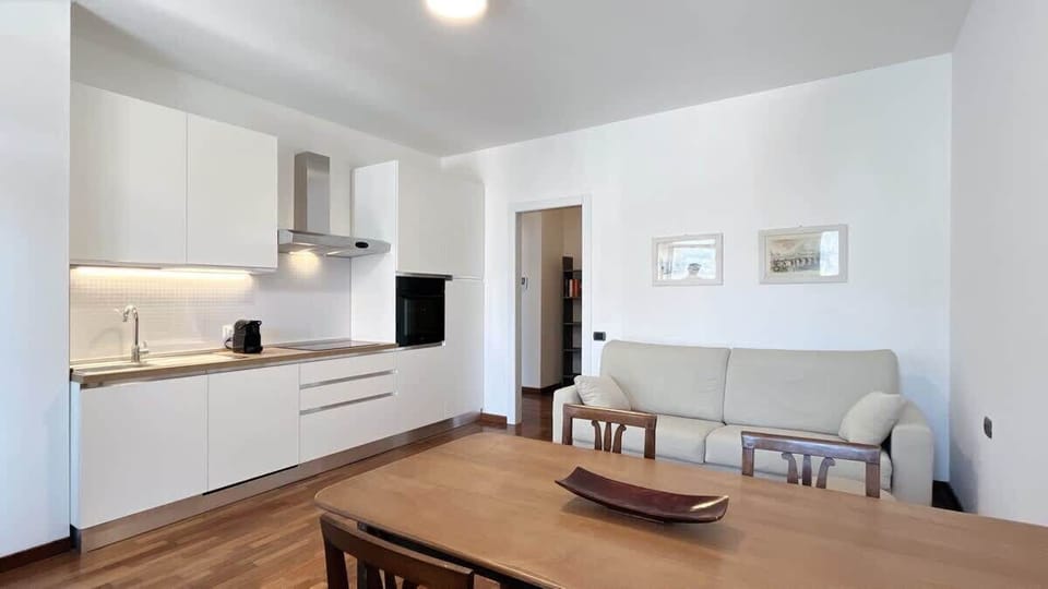 Open space with modern kitchen, living room with comfortable sofa and TV, perfect for relaxing moments in a contemporary atmosphere.