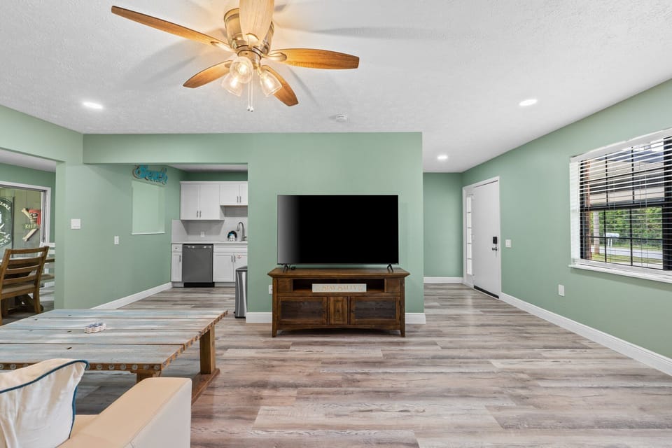 Spacious living room with smart TV