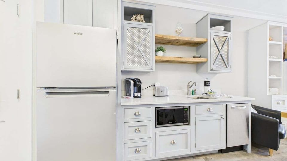 Full size fridge microwave and dishwasher in kitchenette