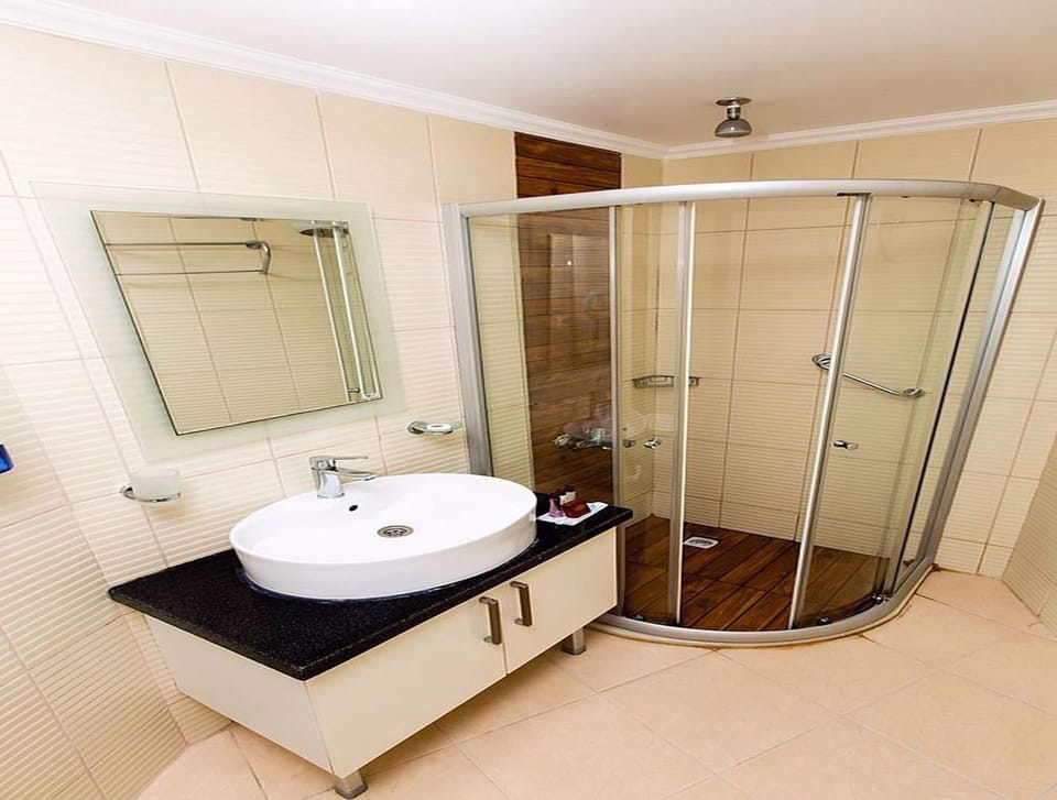 Shower, hair dryer, slippers, towels