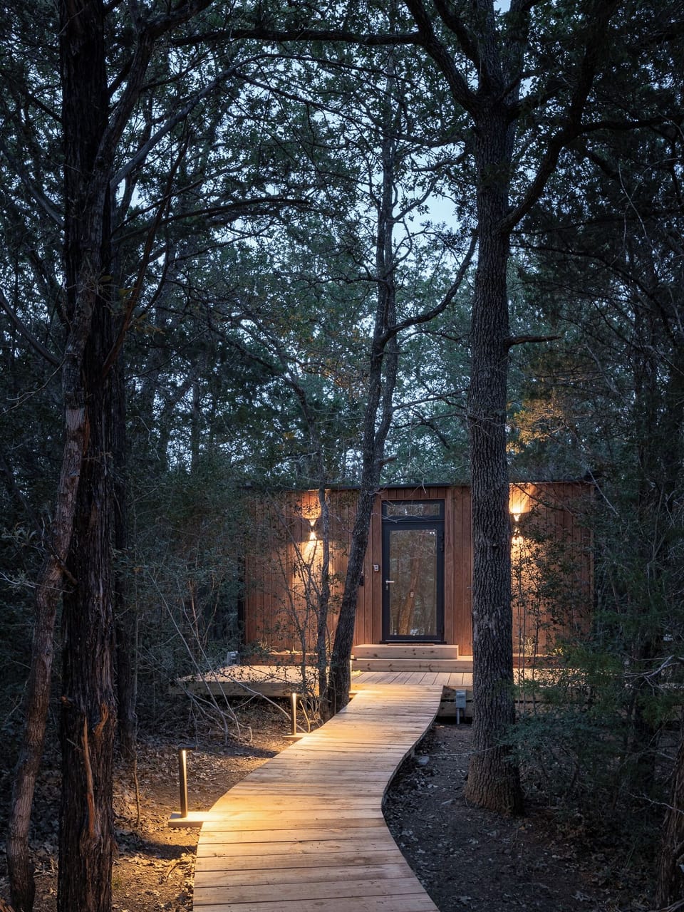 The Hideaway ÖÖD Mirror House at Lake Bastrop South Shore Park At Night