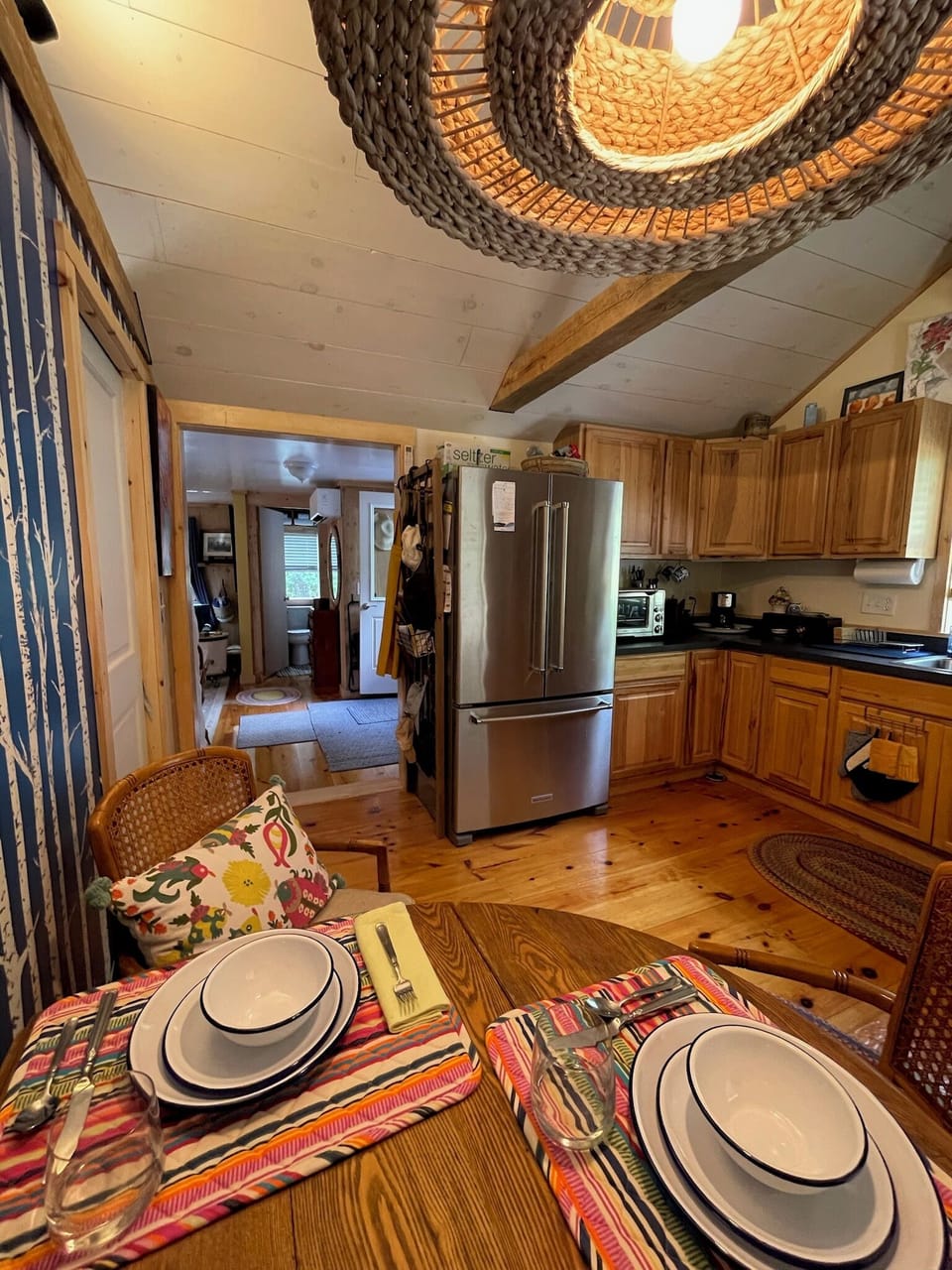 Fully equipped kitchen with French door fridge/ice maker, gas oven & microwave.