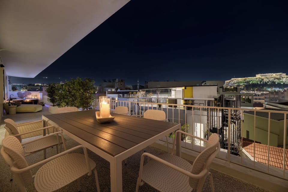 Dinning area at our balcony, with Acropolis view