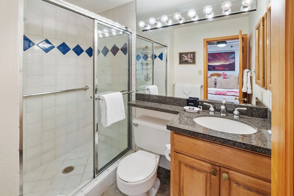 Single vanity and stand alone shower