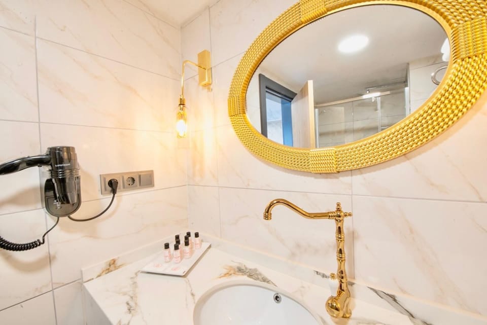 Shower, rainfall showerhead, hair dryer, bathrobes