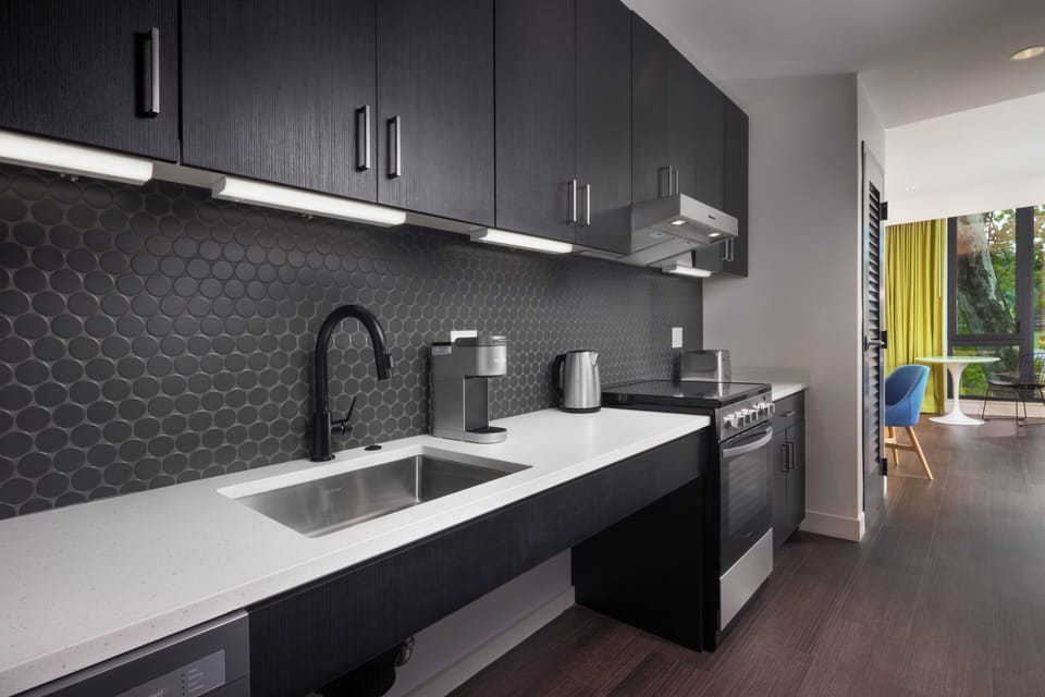 Full-size fridge, microwave, stovetop, dishwasher