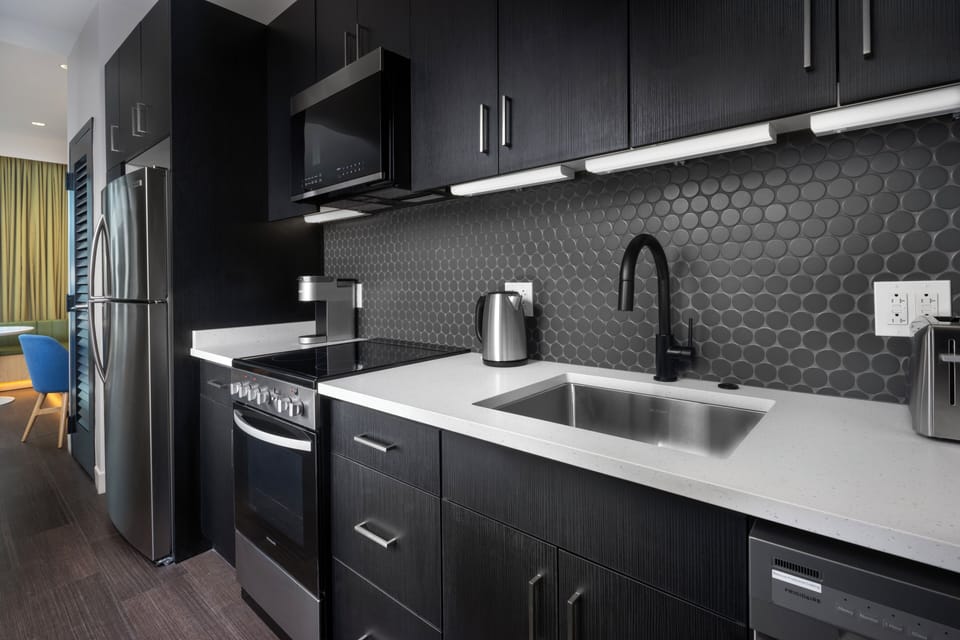 Full-size fridge, microwave, stovetop, dishwasher