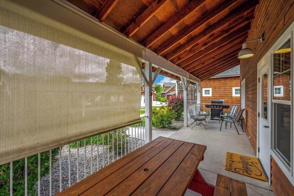 Convenient sun shade over the picnic table and BBQ