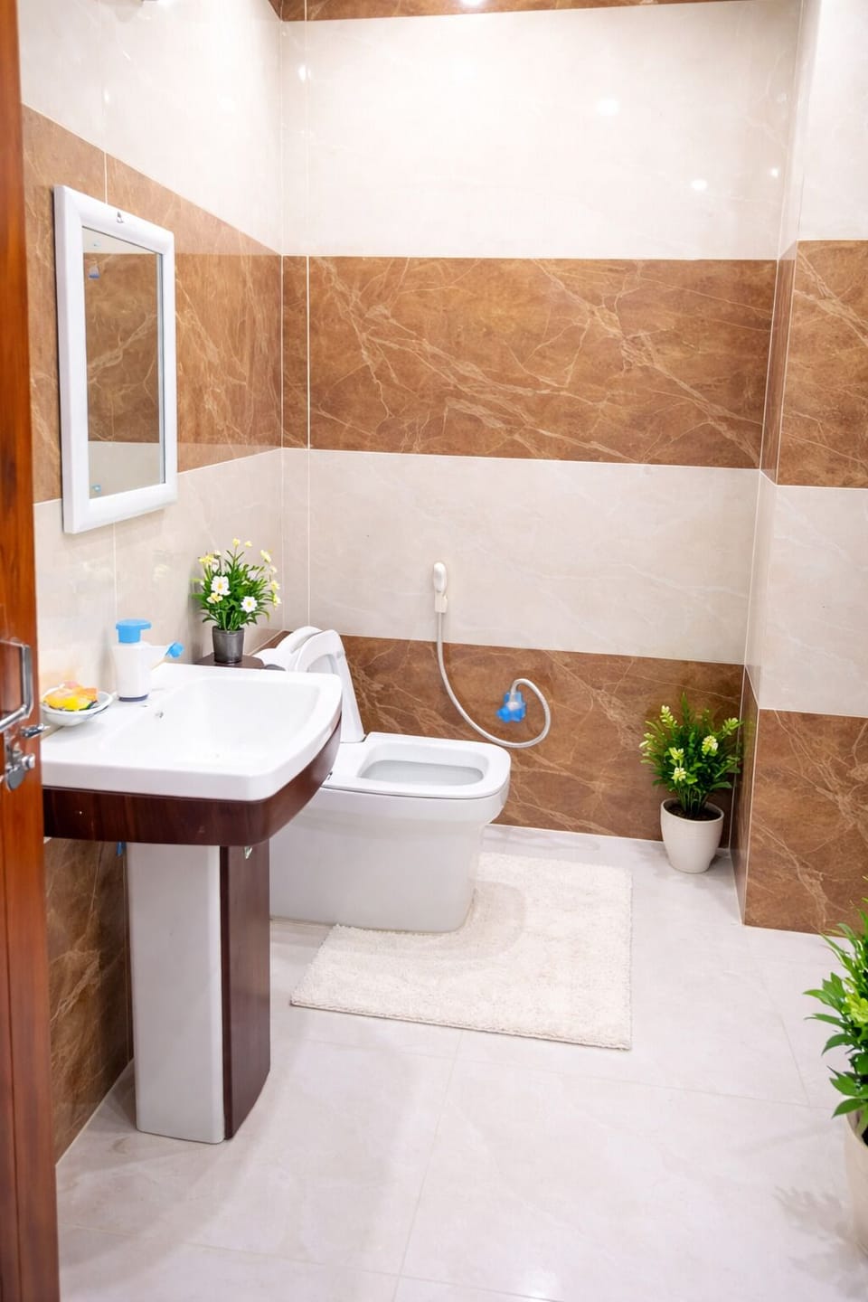 Shower, free toiletries, slippers, soap