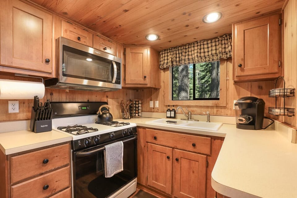 Whip up your favorite meals in our fully stocked kitchen—complete with all the essentials for cooking, dining, and enjoying cozy nights in.