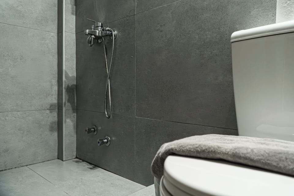 Shower, hair dryer, towels, toilet paper