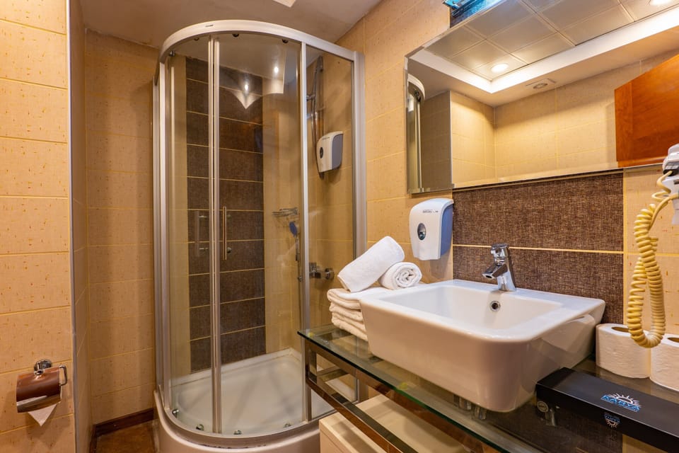 Shower, free toiletries, hair dryer, towels