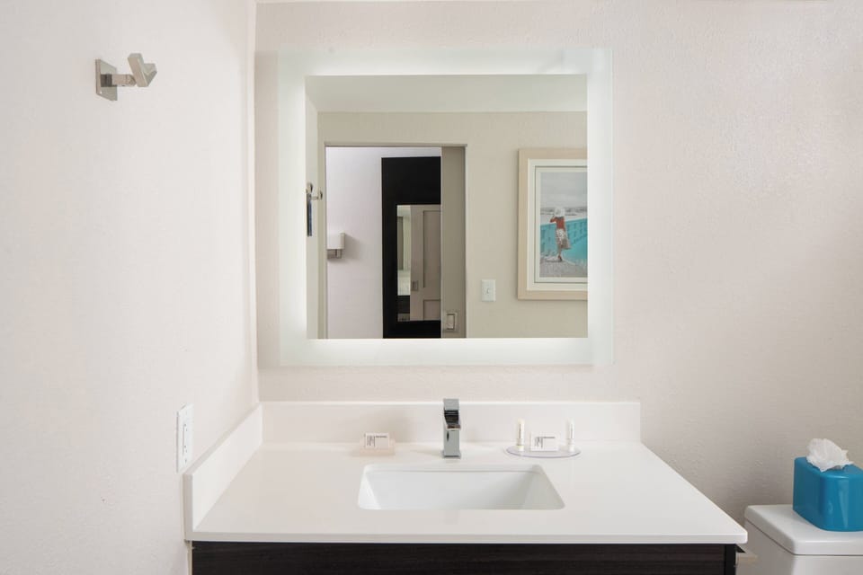 Combined shower/tub, free toiletries, hair dryer