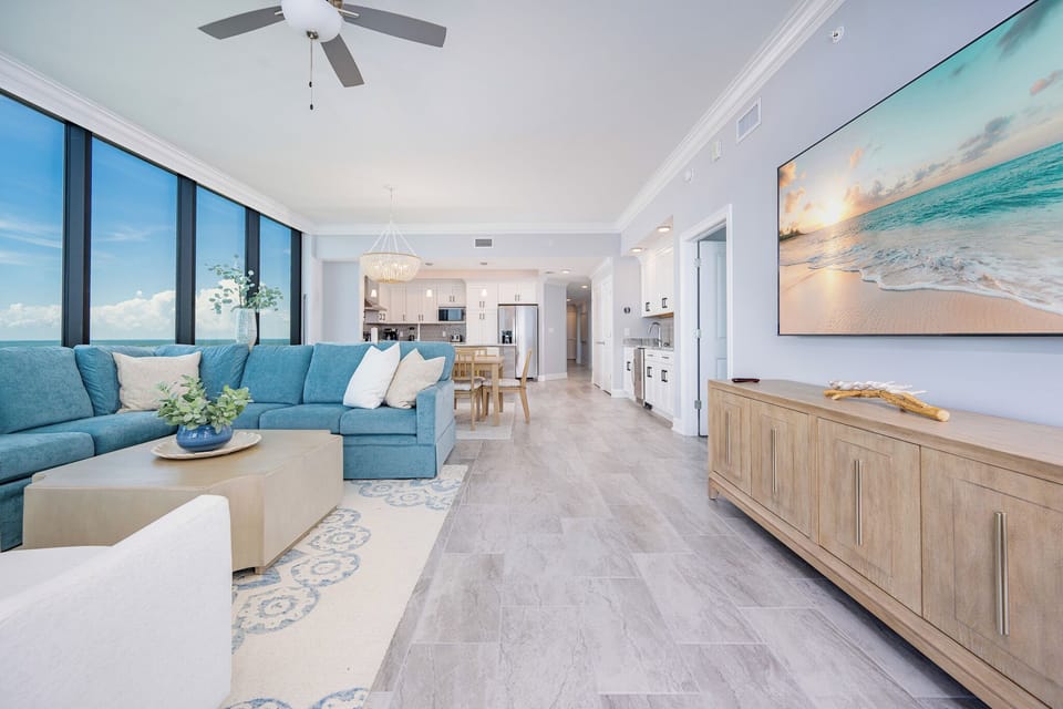 Relax on the plush sectional with queen sleeper while enjoying the coastal views and a large flat-screen TV