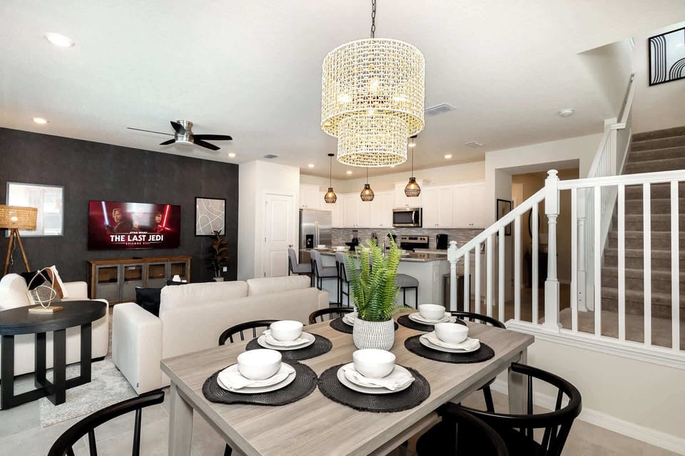 The chic dining table offers seating for 6
