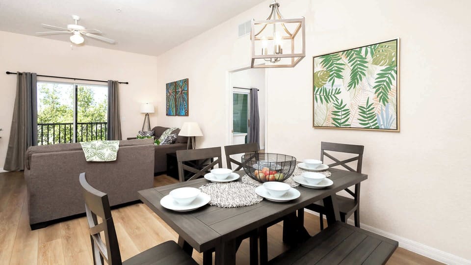 Gather for meals together at the dining table, with seating for 6