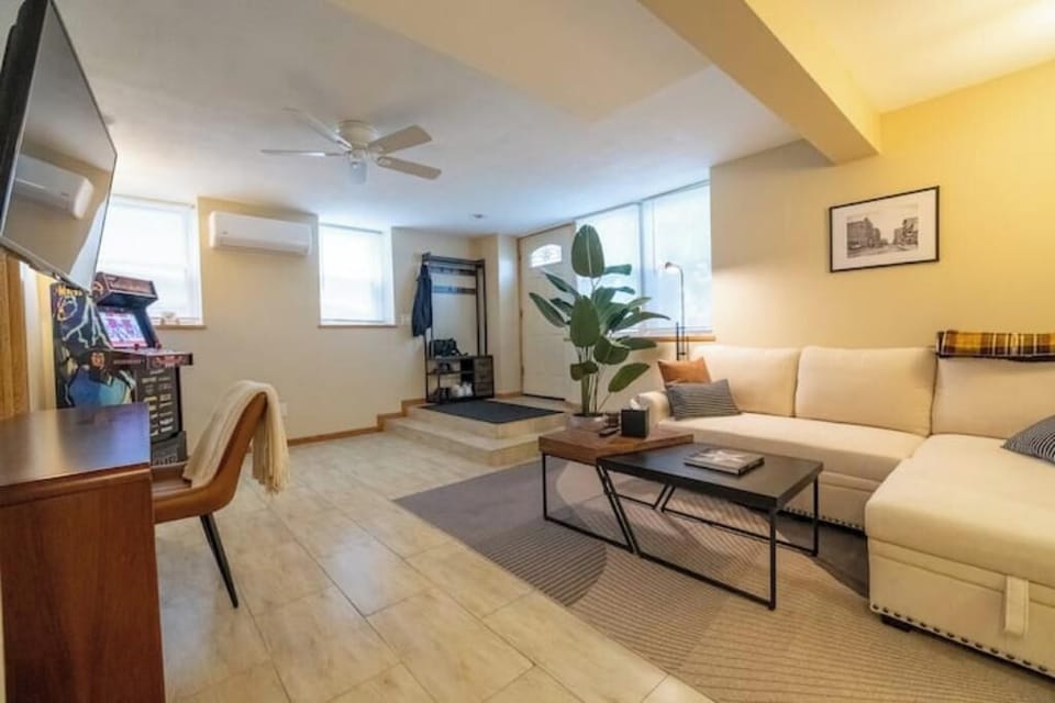 this is the living room. there are steps when you come in the front door