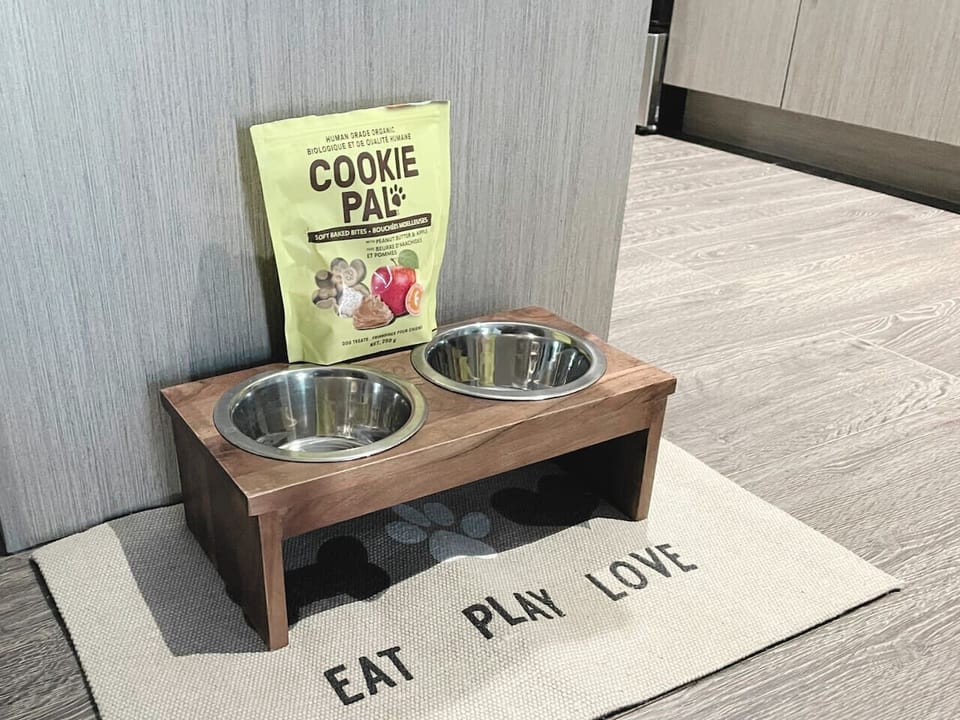Treat your pet to the best! This setup features a feeder stand, a playful `Eat Play Love` mat, and tasty Cookie Pal food.