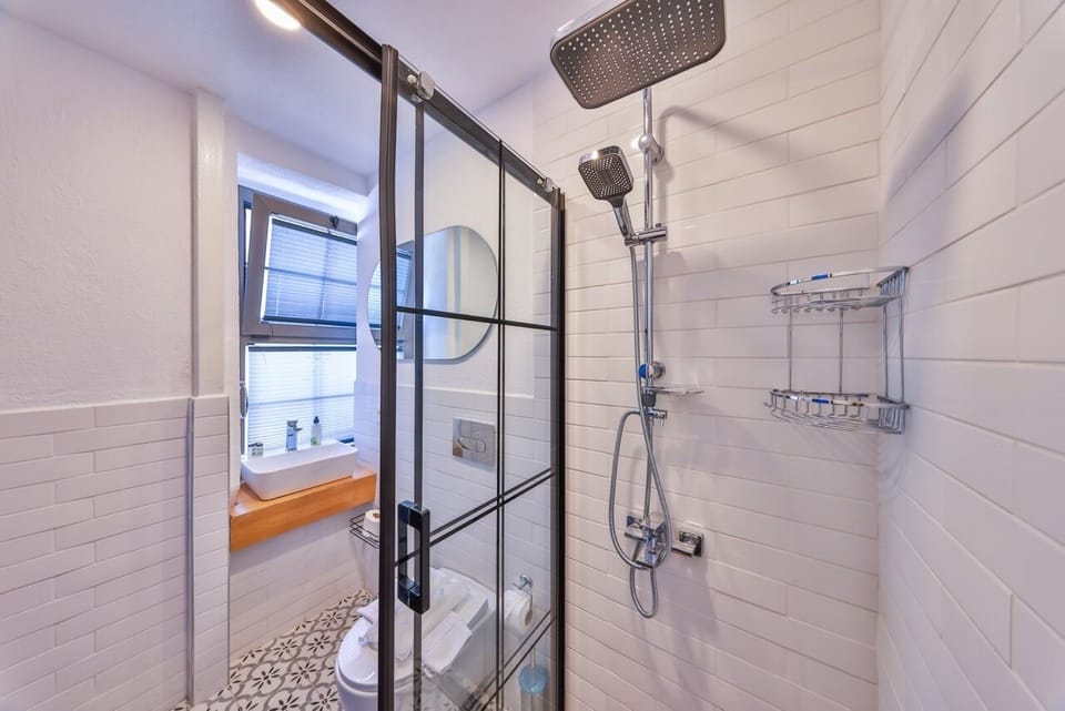 Shower, rainfall showerhead, hair dryer, slippers