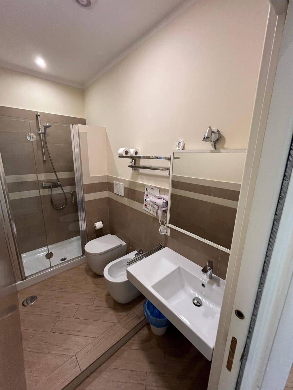 Shower, free toiletries, hair dryer, bidet