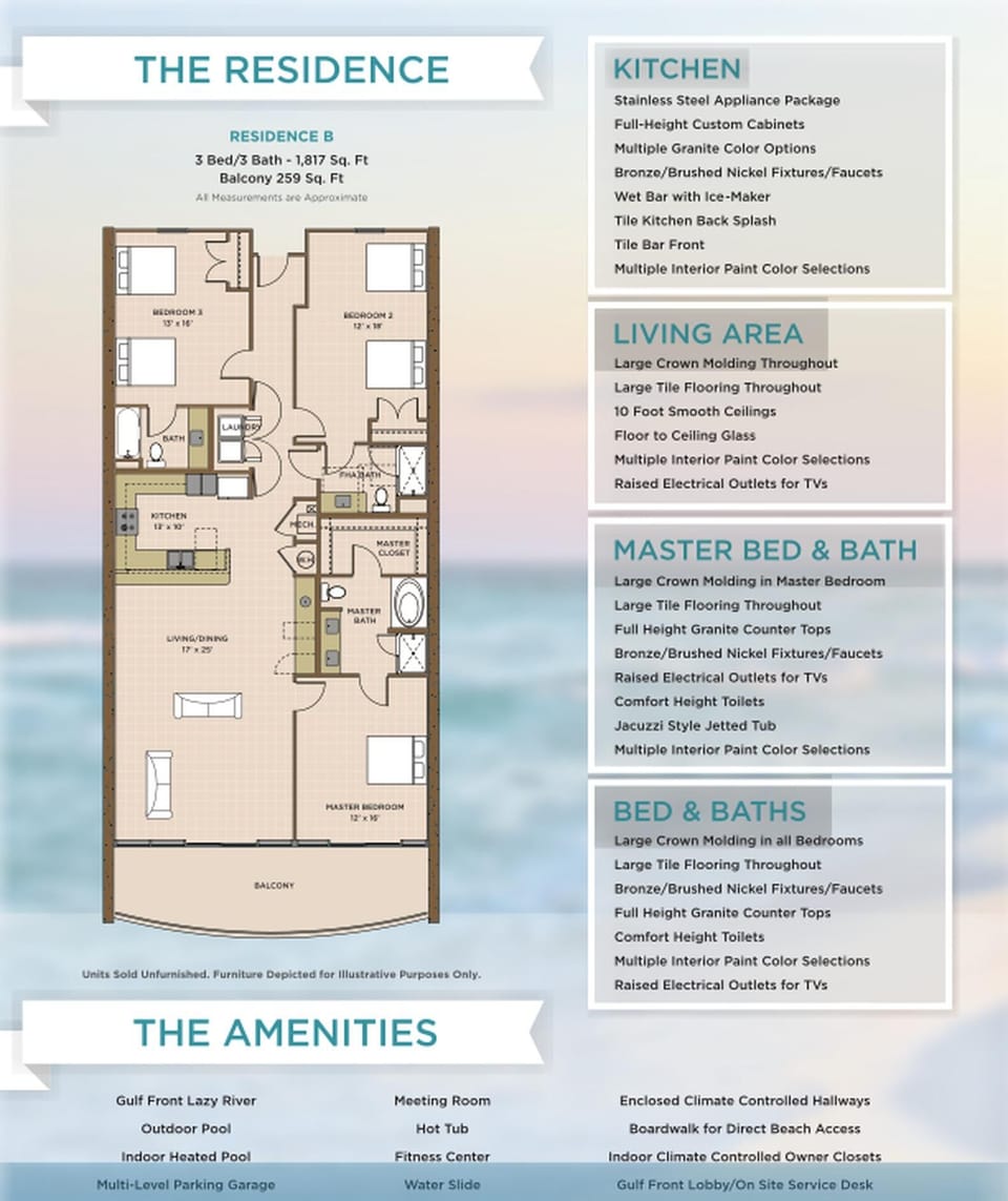 Explore this three-bedroom layout with three baths and beachfront balcony access from the master suite