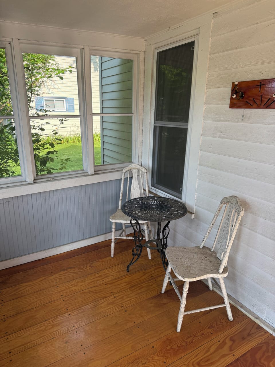 Front porch with buffet table to sip morning coffee. 