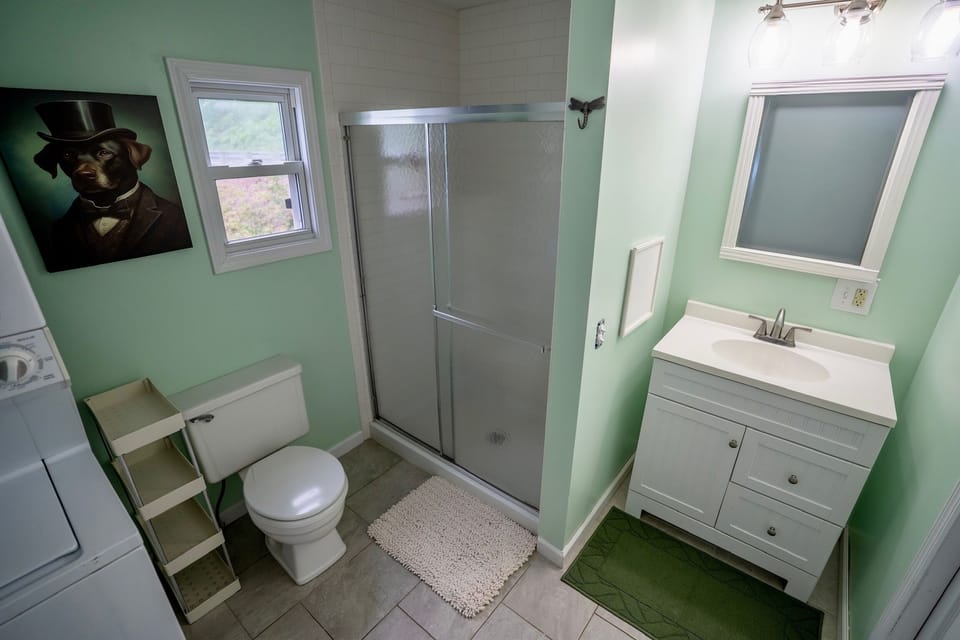Pistachio Powder Room offers a spacious walk-in shower in a calming space