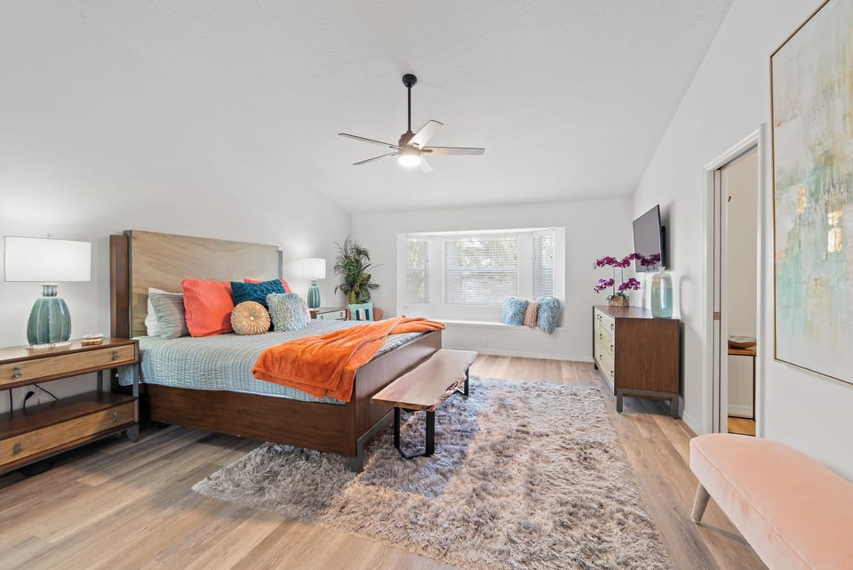 Sleep in on the king bed, then curl up on the window seat.