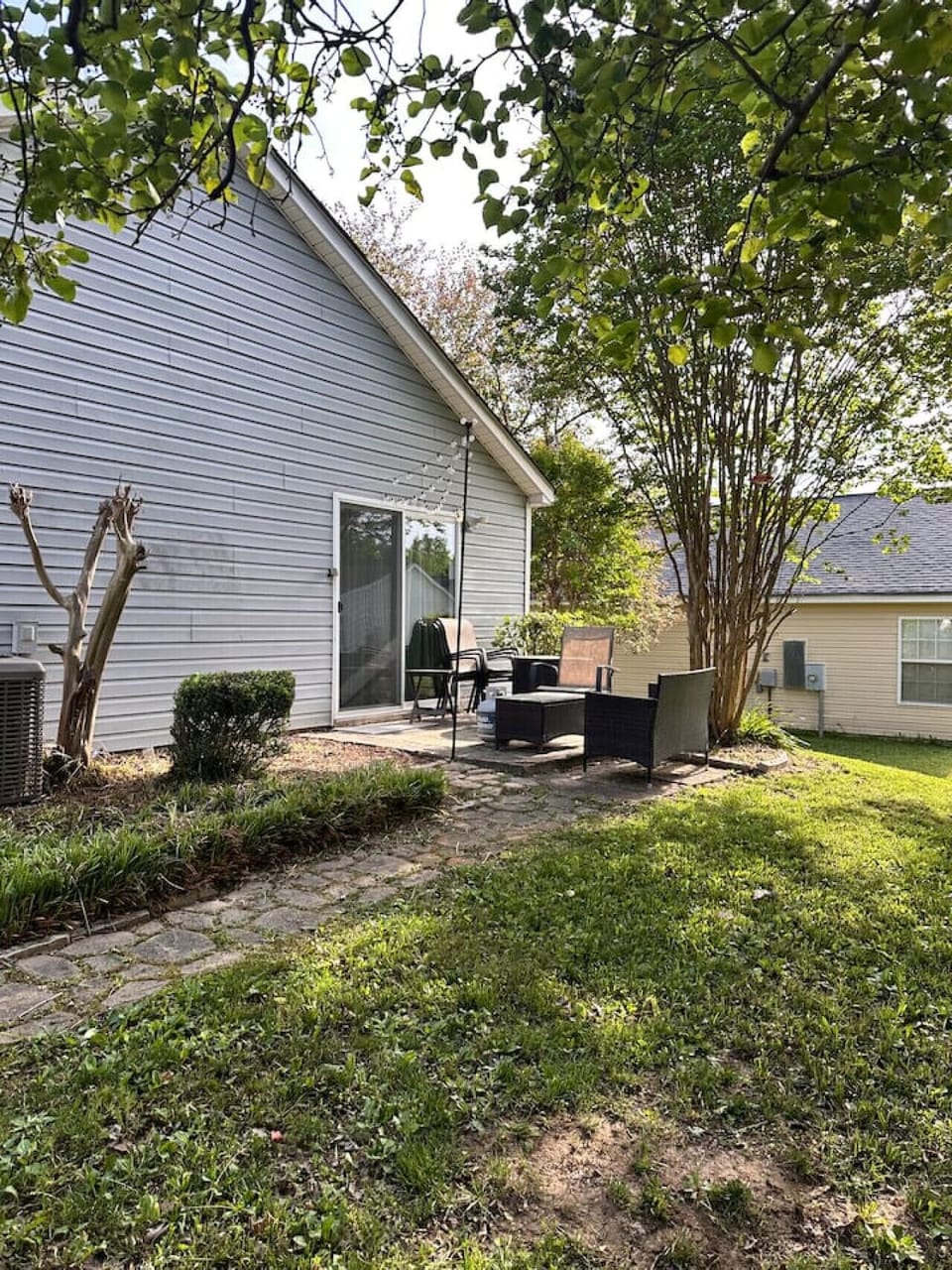 Large private backyard with mature shade trees — a peaceful spot for morning coffee or evening fresh air