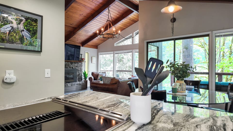 View from the kitchen into the living and dining areas.
