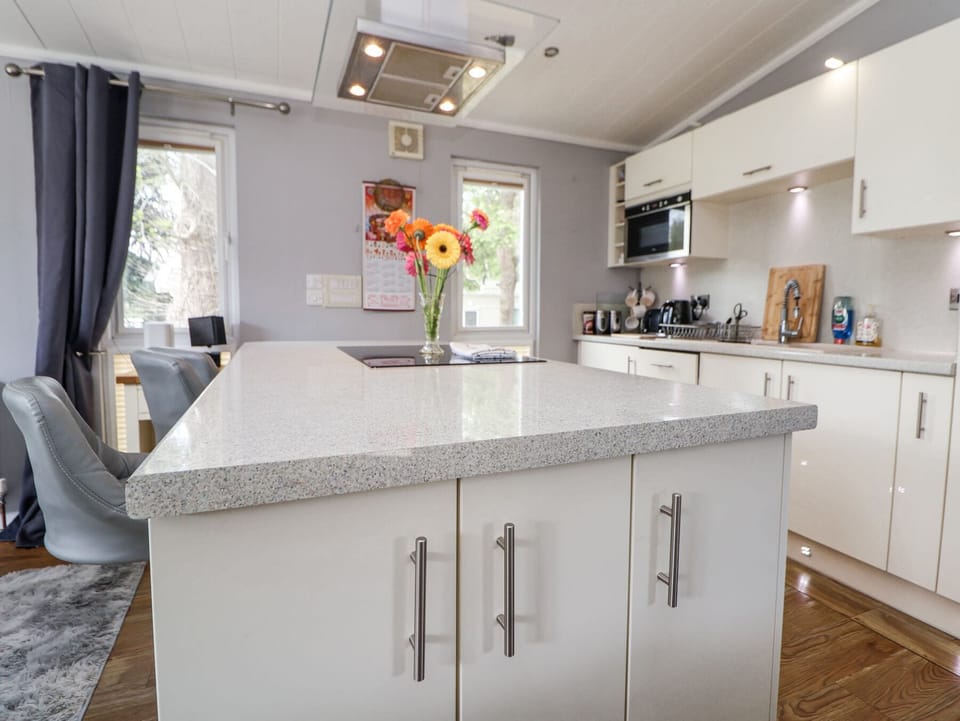 Fridge, microwave, dishwasher, cookware/dishes/utensils