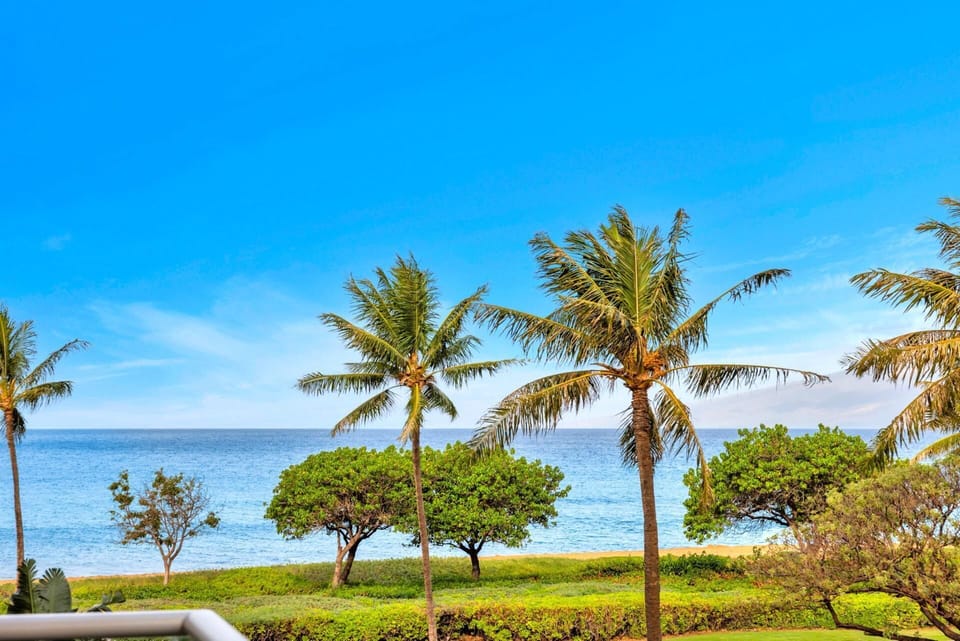 Partial ocean view framed by swaying palms and lush landscaping—your lanai is perfect for morning coffee or sunset drinks. HKH-203