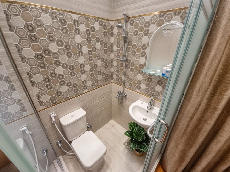 Combined shower/tub, free toiletries, hair dryer, bidet
