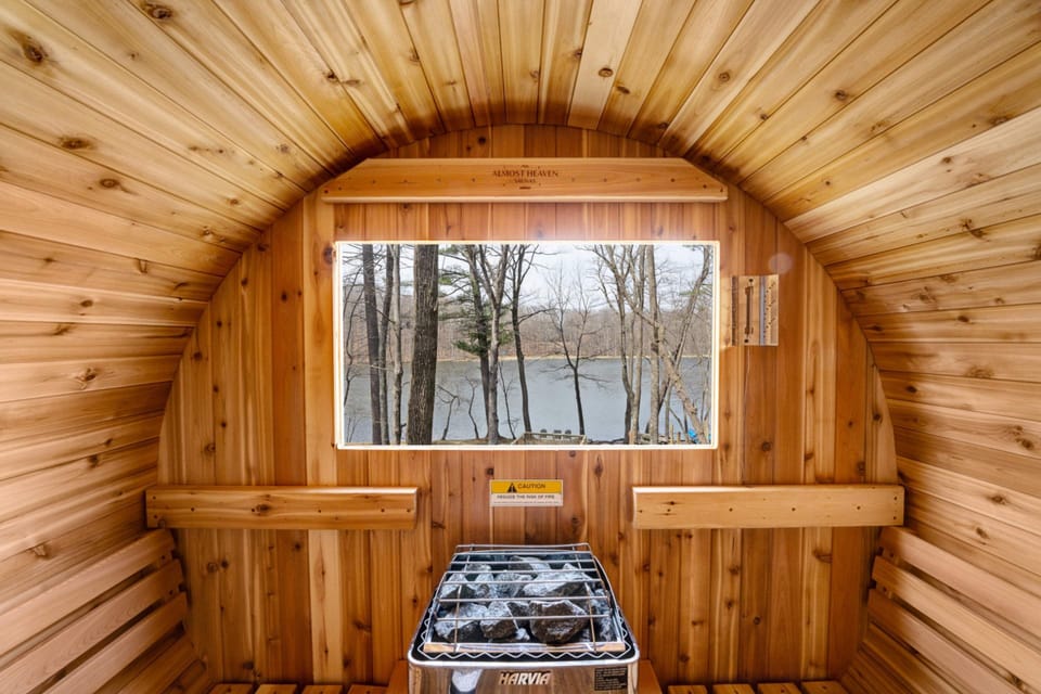 Sauna with back window overlooking the lake