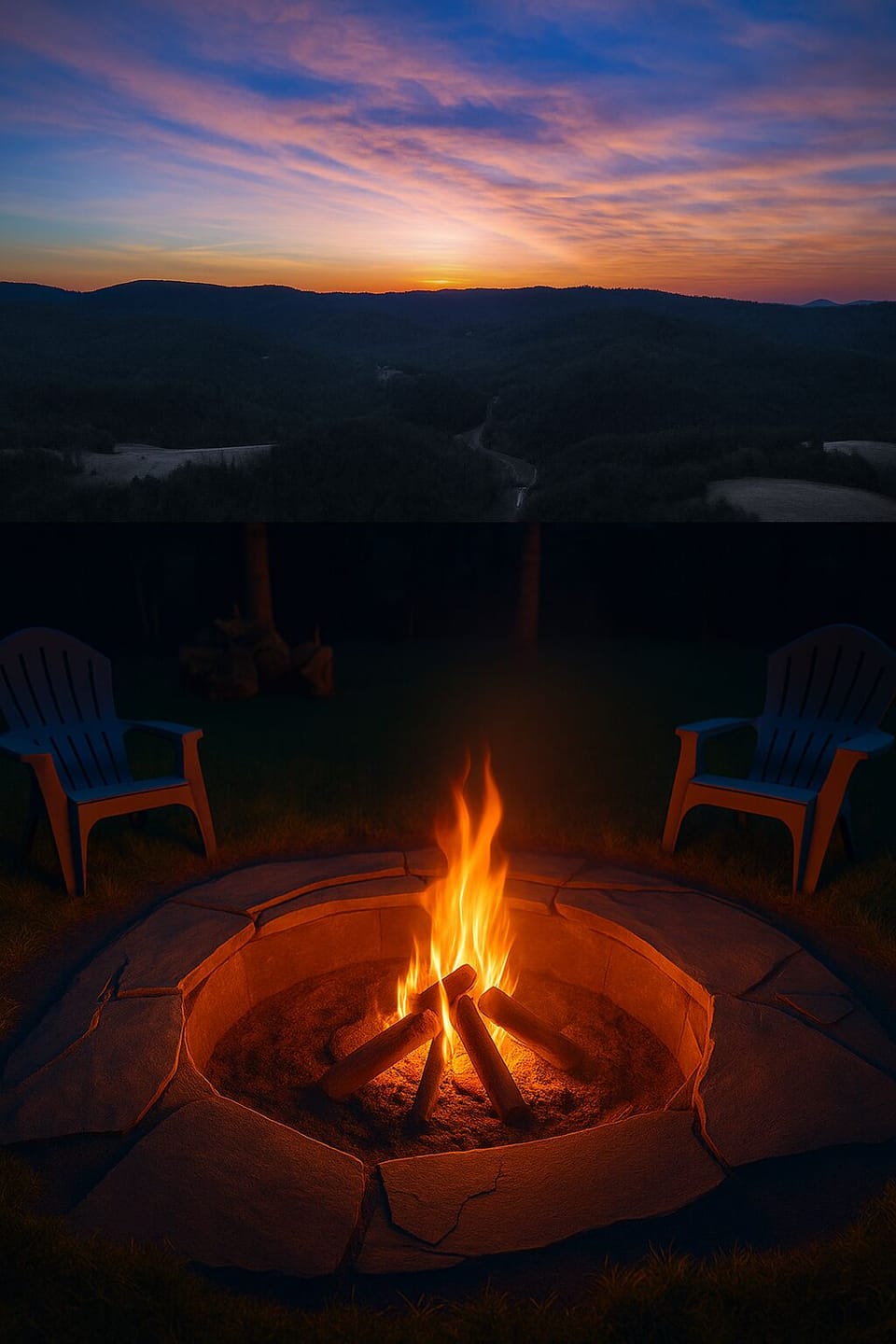 Aerial drone photo capturing sunset and outdoor fire pit. 