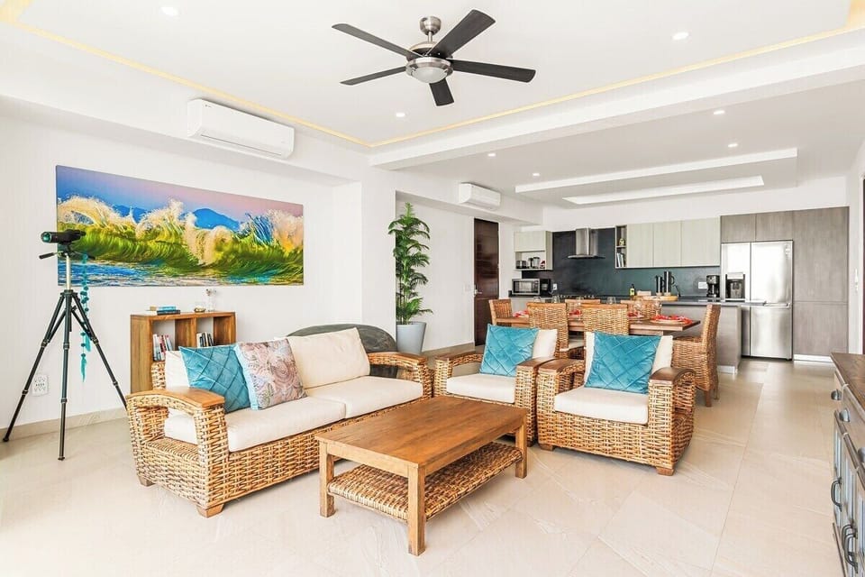 The living space in Ballenas, with plenty of seating and a large smart TV, is ideal for relaxing and entertaining.