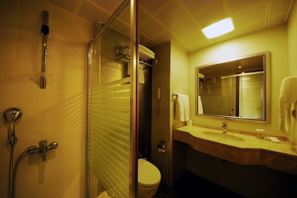 Shower, free toiletries, hair dryer, bathrobes