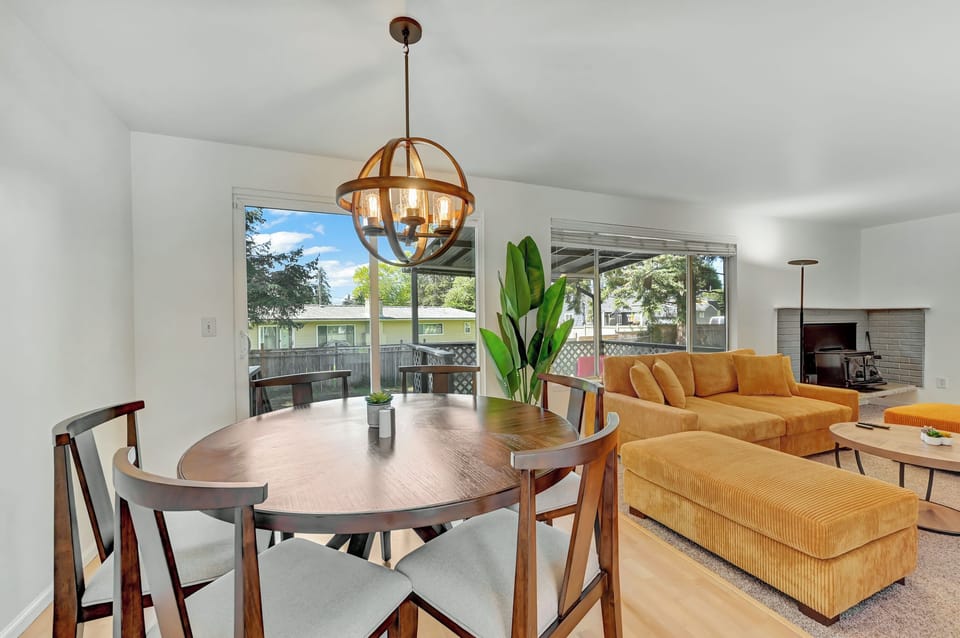 Dining table plenty seating makes meal time enjoyable. One highchair is provided