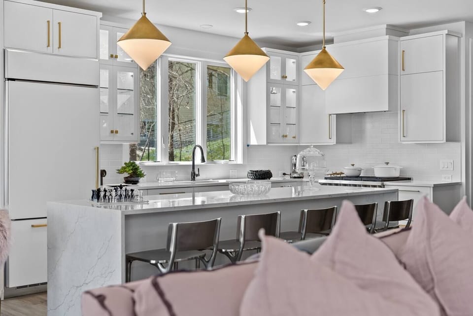 Granite waterfall kitchen island 