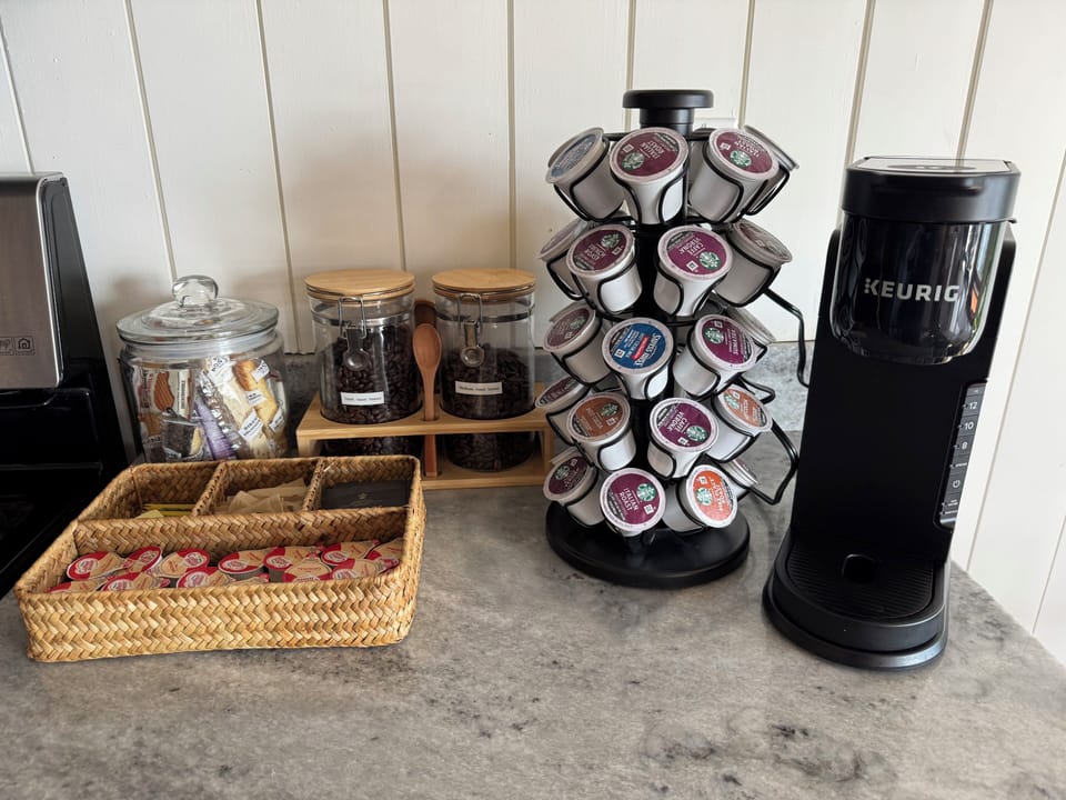 Grab a cup of coffee or tea to start your day. Keurig cups and whole beans.