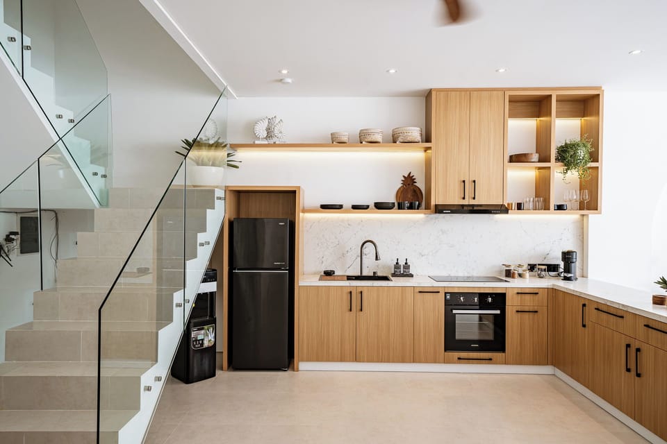 Junior Villa, Patio, Pool View | Private kitchen | Fridge, electric kettle, toaster, cookware/dishes/utensils
