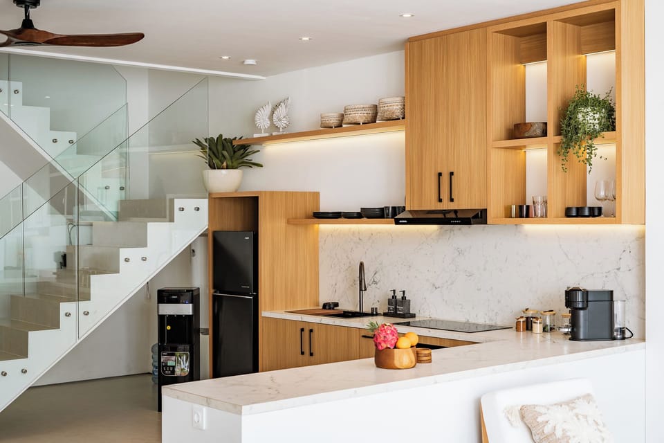 Junior Villa, Patio, Pool View | Private kitchen | Fridge, electric kettle, toaster, cookware/dishes/utensils