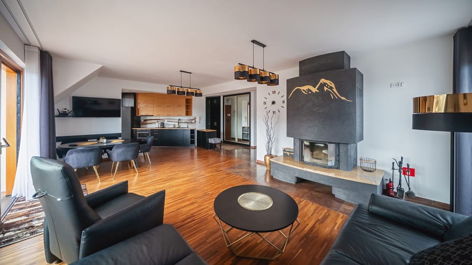 Apartment (D) | Living area | Flat-screen TV, fireplace