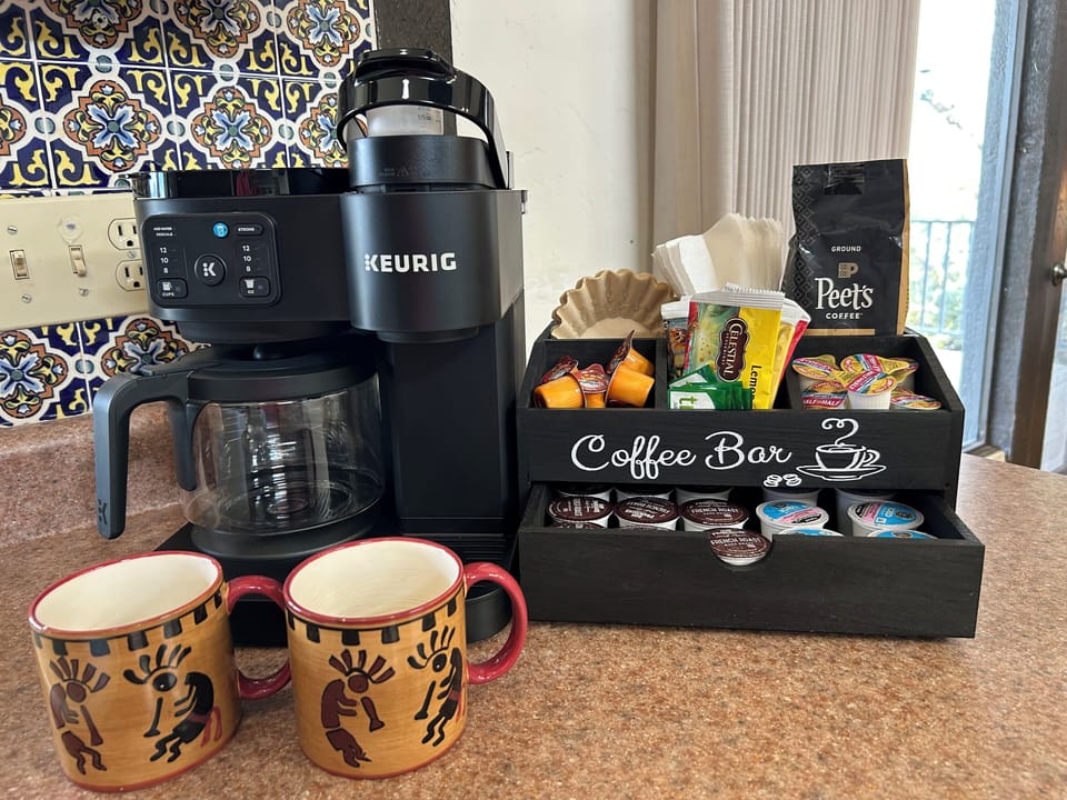 The coffee bar includes drip, and a hot and cold Keurig