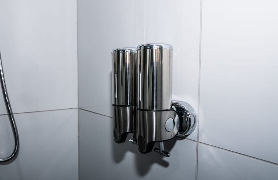 Hair dryer, towels, shampoo, toilet paper