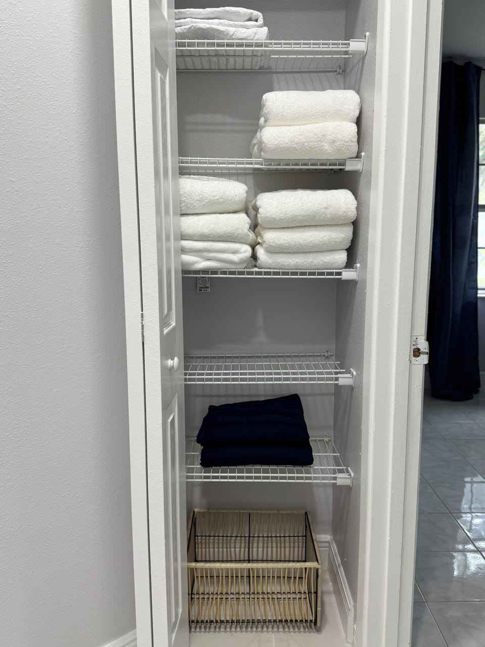 The linen closet is stocked with washcloths and towels for your convenience.
