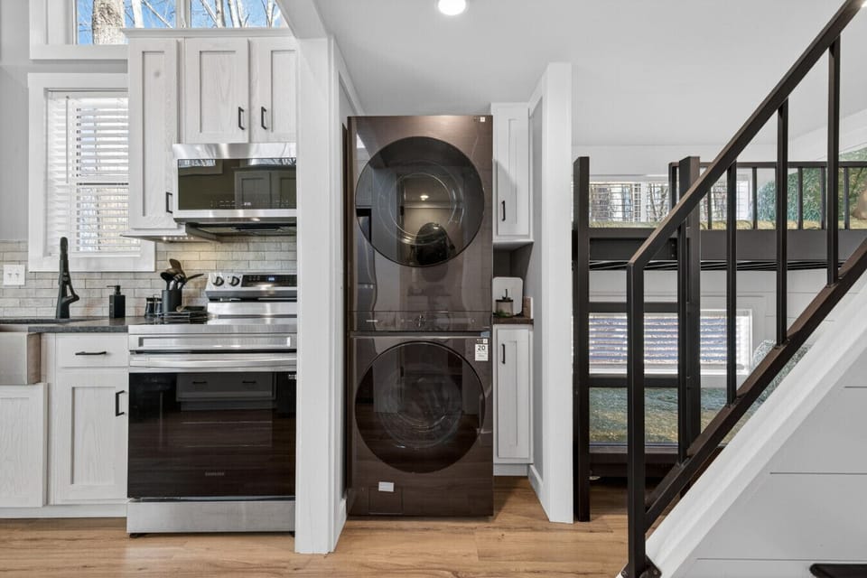 A stacked washer and dryer are available for your convenience, making it easy to refresh clothes after hiking, exploring, or an extended stay.