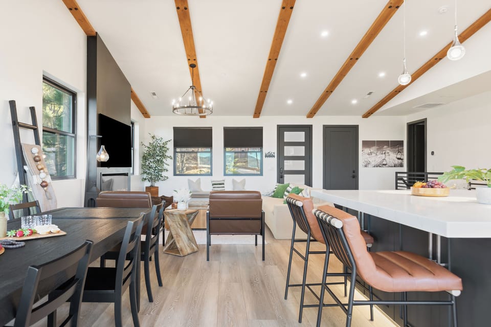 Dining space with rustic-modern charm and natural light.