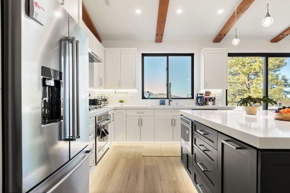 Kitchen with expansive counter space.